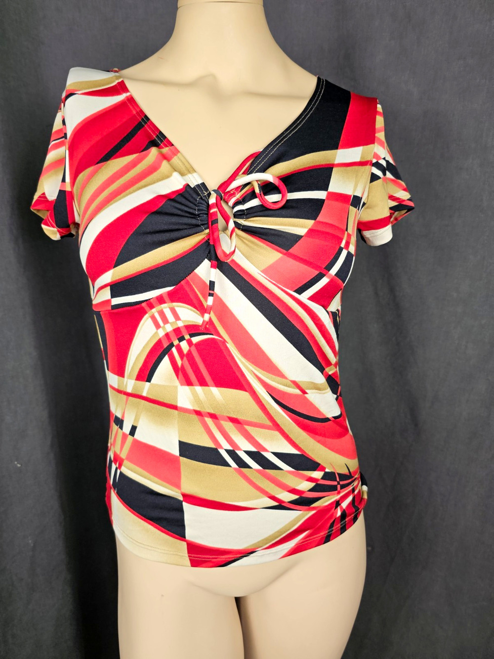 Vintage BeWare Top Womens S Pink Abstract Geometric Graphic Ruched Sleeve Y2K